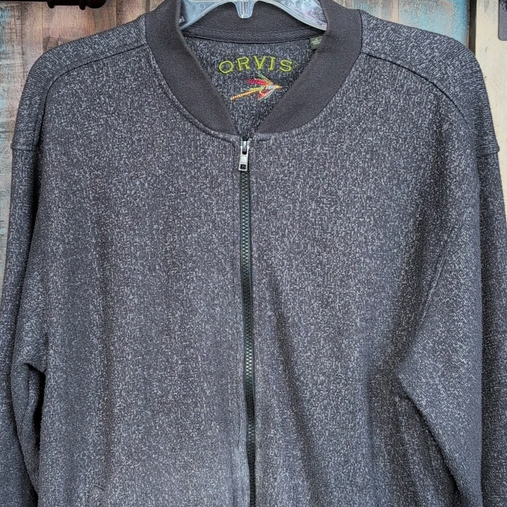 Orvis Heathered Dark Gray Bomber Jacket Full Zip Sweater - Men's Medium